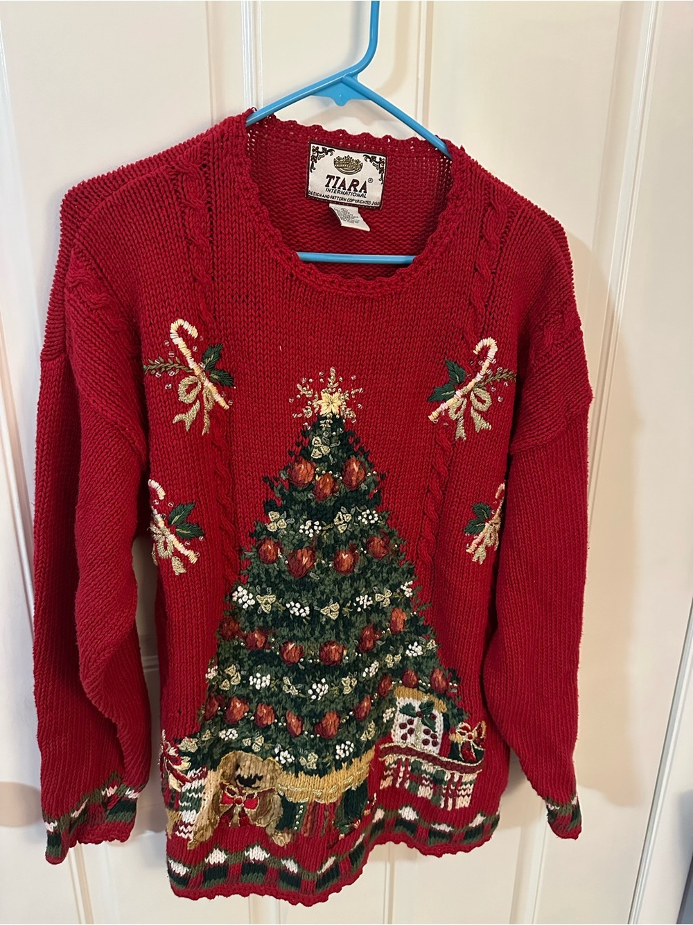 Vintage Tiara Red Embroidered Christmas Tree Crewneck Sweater